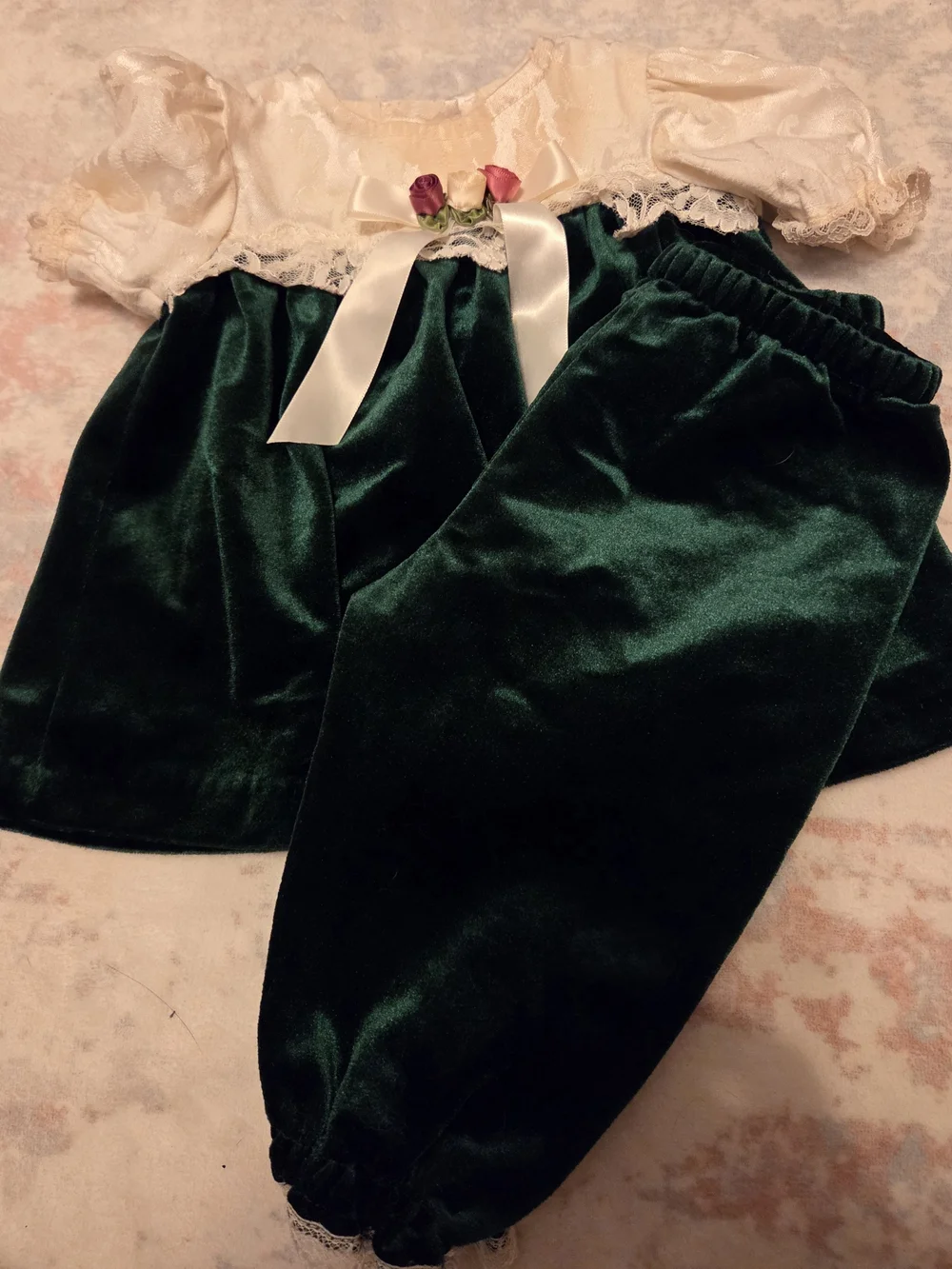 Children's Green and Cream Velvet Party Dress - Brand: Rose Cottage.
